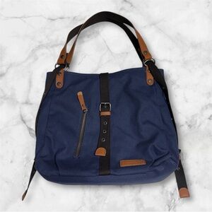 Canvas Tote Shoulder Bag School Convertible Backpack Navy Blue Brown Accents